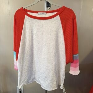 Ces Femme Heather Gray shirt Redish Orange Sleeves‎ with colorful detail Large